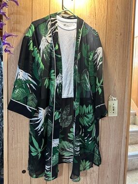 Black Sheer Kimono with Green & White Tropical Leaf Print